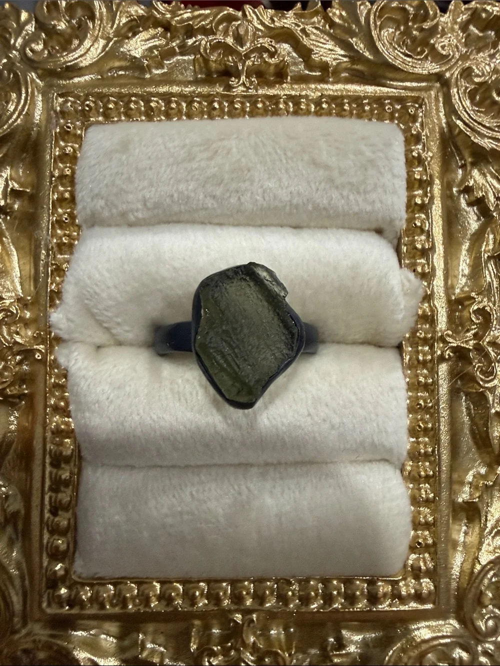 Raw Moldavite Hematite Ring - size 7.5
